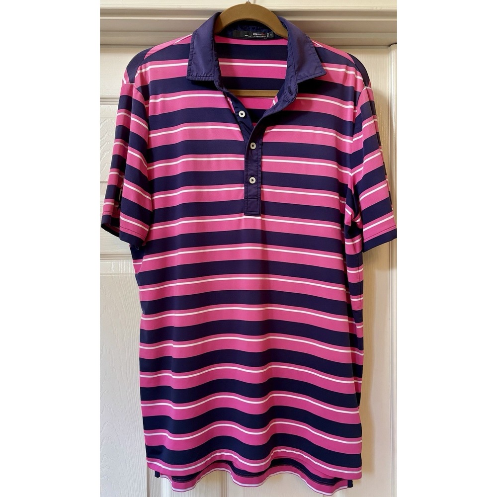 RLX‎ Ralph Lauren Golf Polo Shirt Mens M Pink Navy Striped Stretch Performance